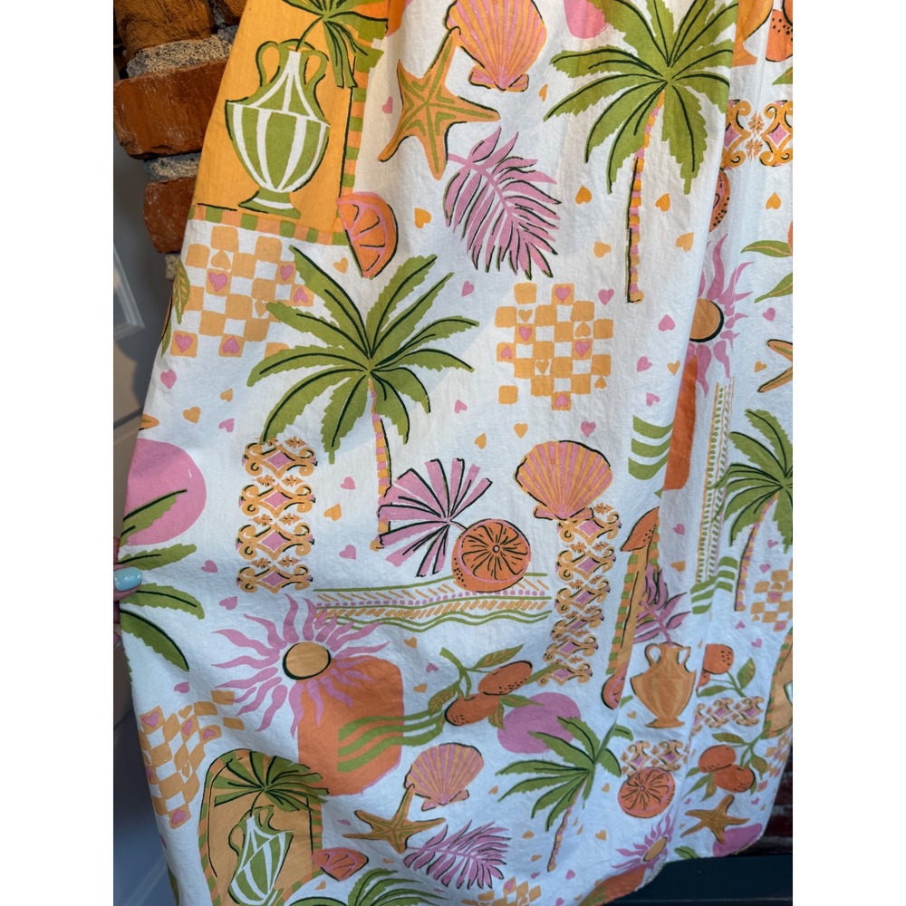Japna Tropical Cotton Maxi Dress XS Orange Pink Palm Tree Shell Print Smocked - Picture 4 of 7